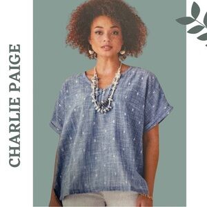 Charlie Paige Oversized Lightweight Cotton Top Blue White Rolled Sleeve Cuff